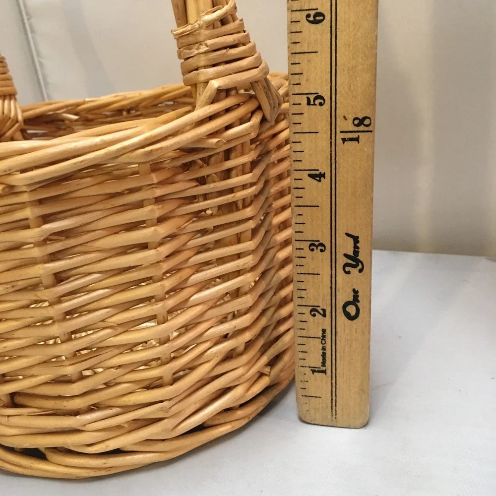 Wicker Round Basket Unisex Small Natural Tan Hand Woven Fixed Handle Cottagecore